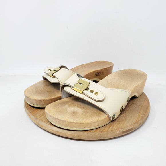 Dr Scholls Wooden Slide Sandals Womens 7 Original Clog Off White Austria Vintage - Picture 5 of 12